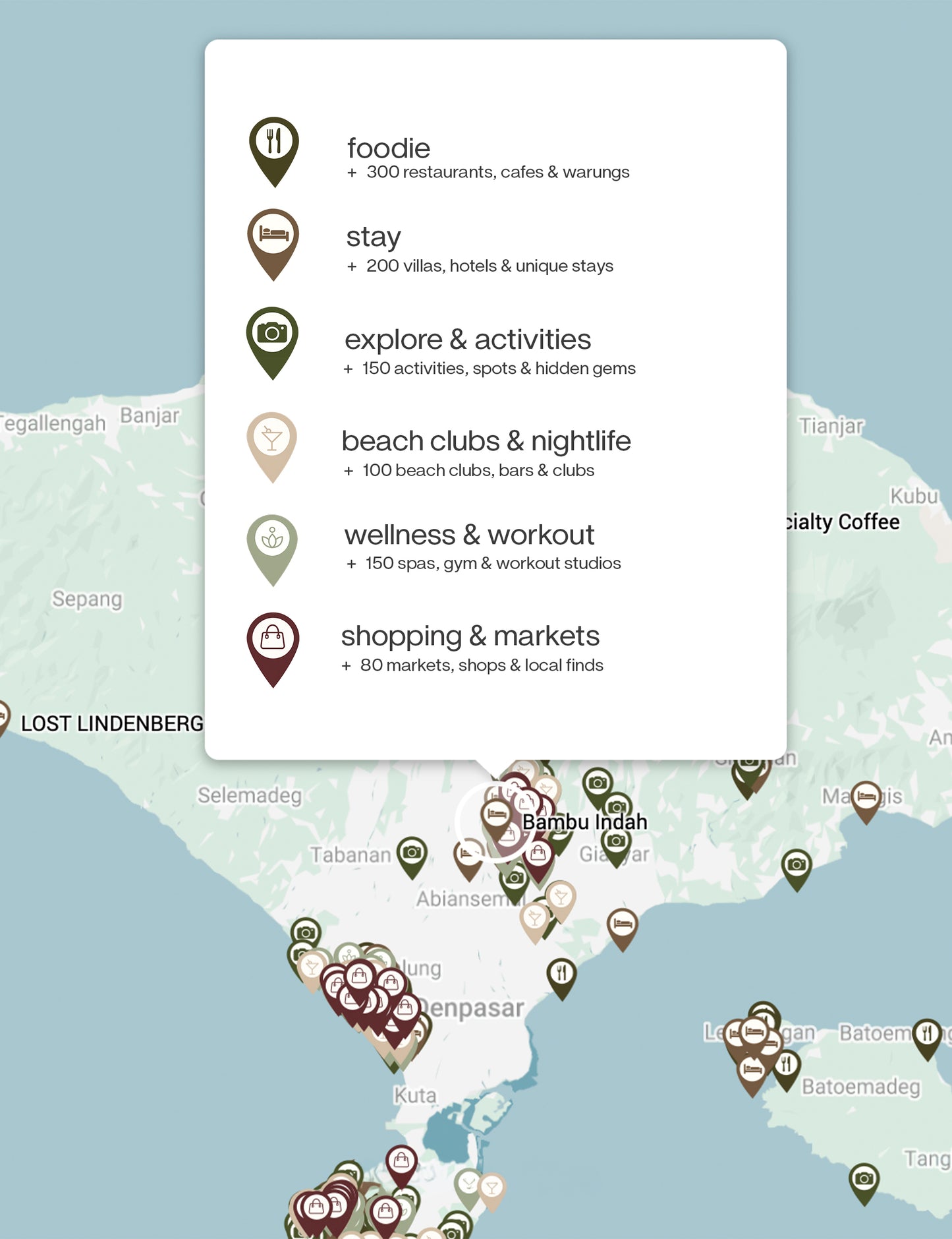 Map of a region with icons and text overlay indicating various categories like foodie, stay, explore & activities, beach clubs, wellness & workout, and shopping & markets.